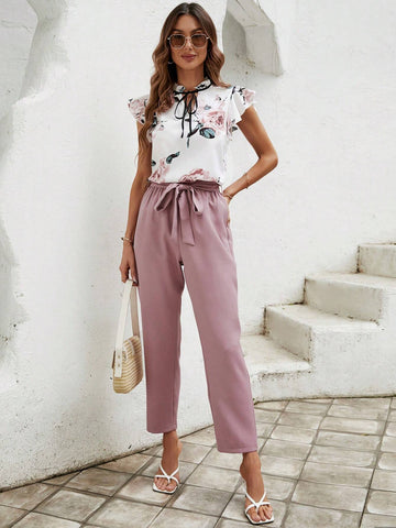 Floral Print Tie Neck Ruffle Trim Top & Belted Pants