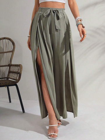 VCAY Split Thigh Tie Front Wide Leg Pants