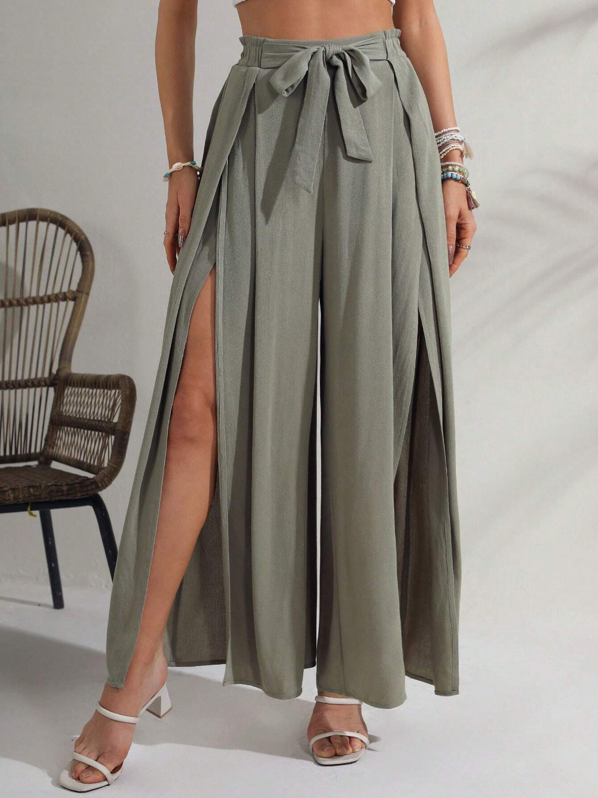 VCAY Split Thigh Tie Front Wide Leg Pants