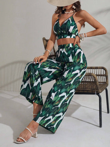 Tropical Print Tie Backless Halter Top & Wide Leg Pants