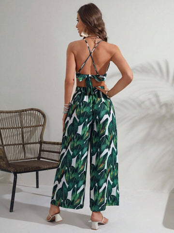 Tropical Print Tie Backless Halter Top & Wide Leg Pants
