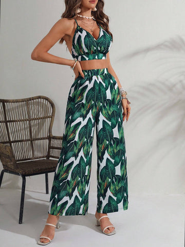 Tropical Print Tie Backless Halter Top & Wide Leg Pants