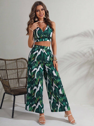 Tropical Print Tie Backless Halter Top & Wide Leg Pants