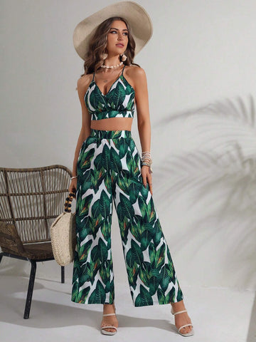 Tropical Print Tie Backless Halter Top & Wide Leg Pants