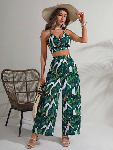 Tropical Print Tie Backless Halter Top & Wide Leg Pants