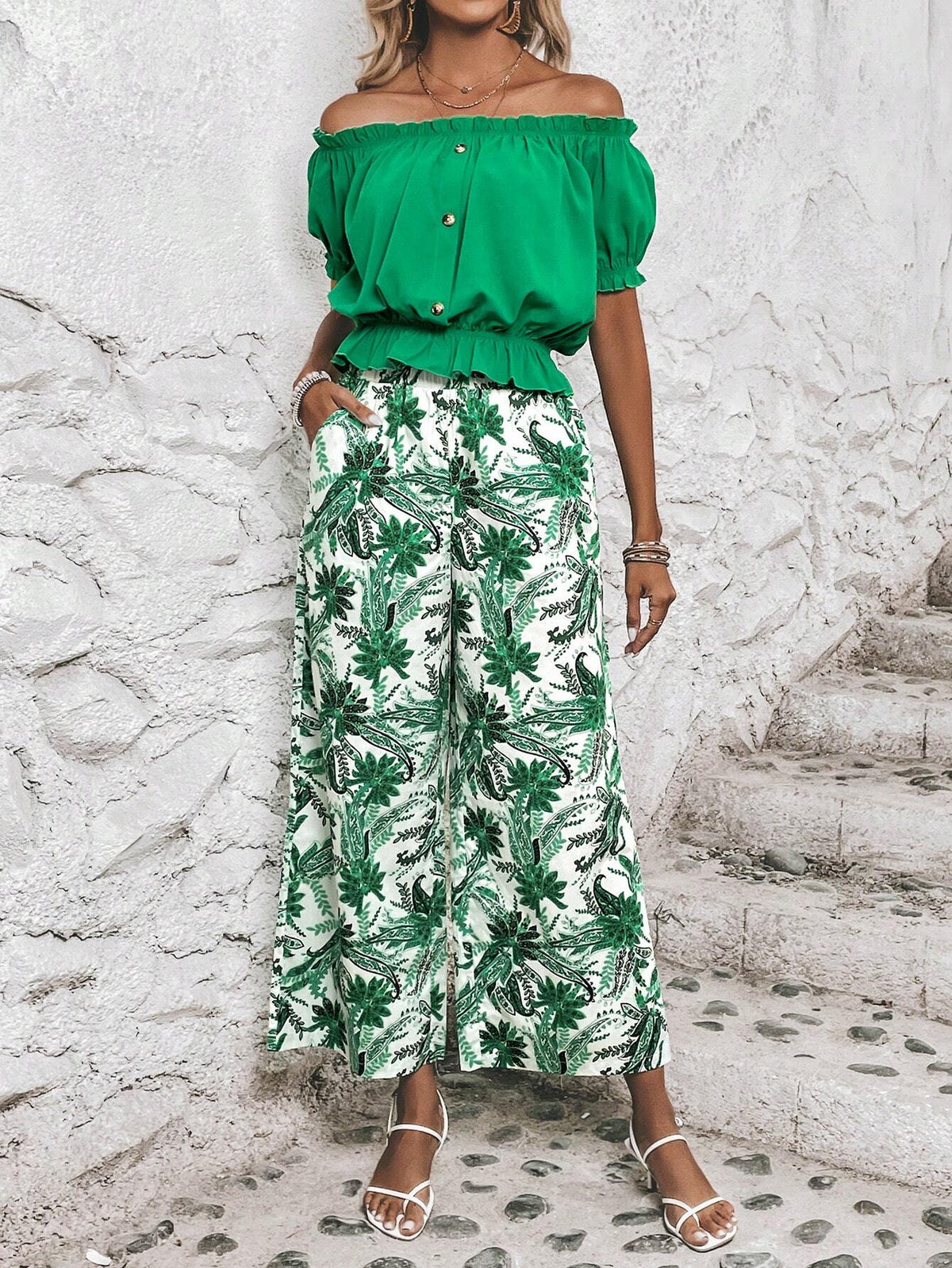 EMERY ROSE Off Shoulder Frill Trim Top & Tropical Print Wide Leg Pants