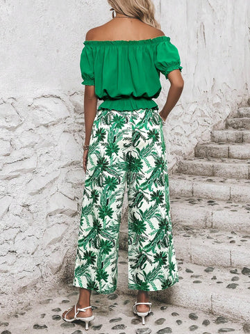 EMERY ROSE Off Shoulder Frill Trim Top & Tropical Print Wide Leg Pants