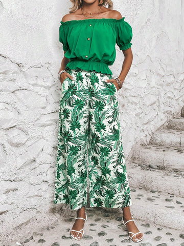 EMERY ROSE Off Shoulder Frill Trim Top & Tropical Print Wide Leg Pants