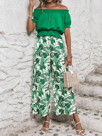 EMERY ROSE Off Shoulder Frill Trim Top & Tropical Print Wide Leg Pants
