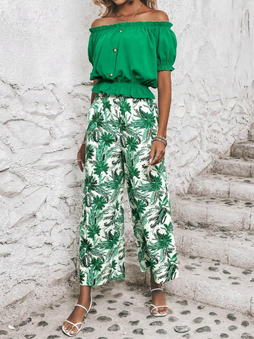 EMERY ROSE Off Shoulder Frill Trim Top & Tropical Print Wide Leg Pants