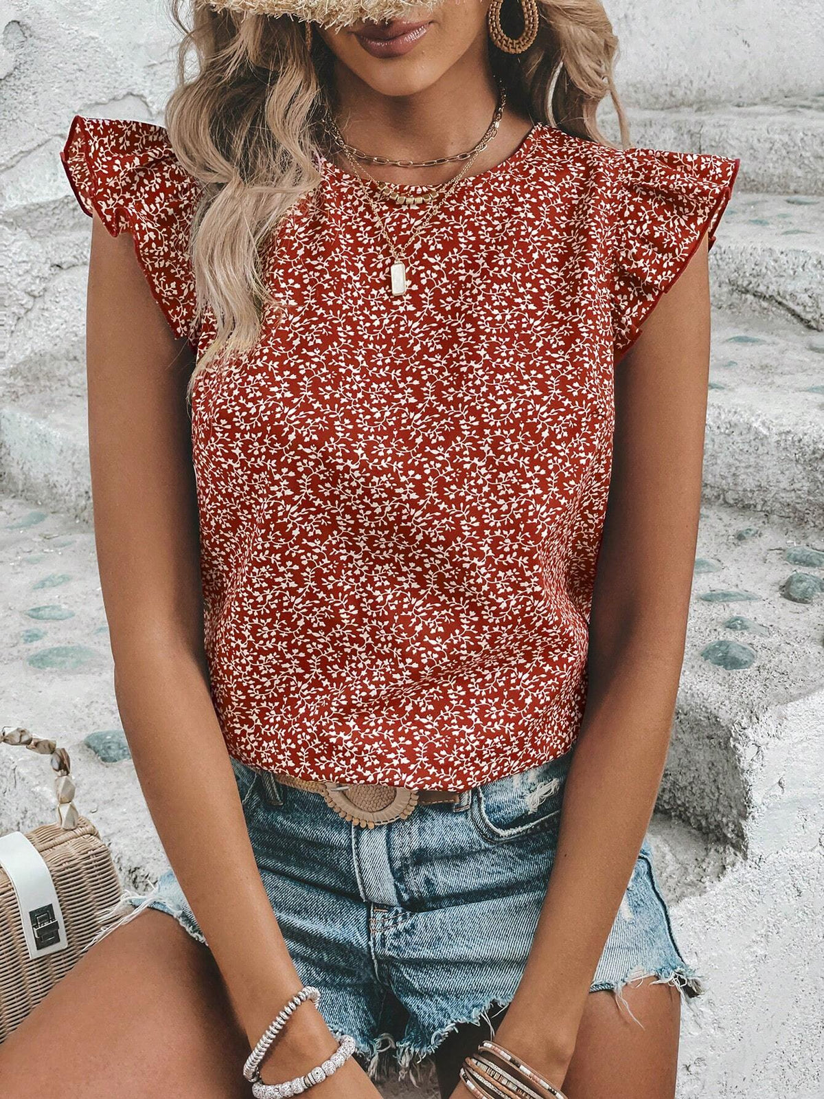 Allover Plants Print Ruffle Trim Blouse