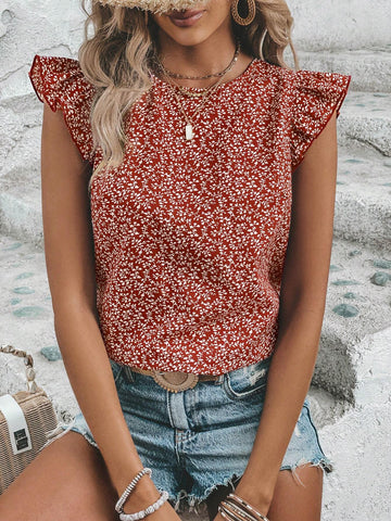 Allover Plants Print Ruffle Trim Blouse