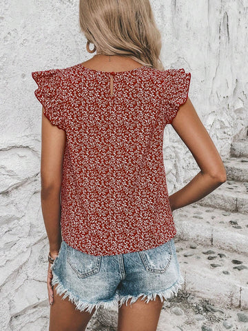 Allover Plants Print Ruffle Trim Blouse