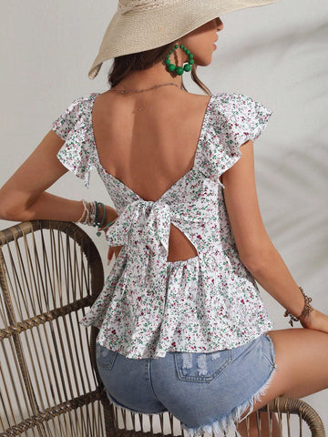 Ditsy Floral Tie Backless Butterfly Sleeve Peplum Blouse