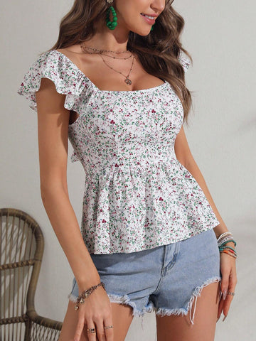 Ditsy Floral Tie Backless Butterfly Sleeve Peplum Blouse