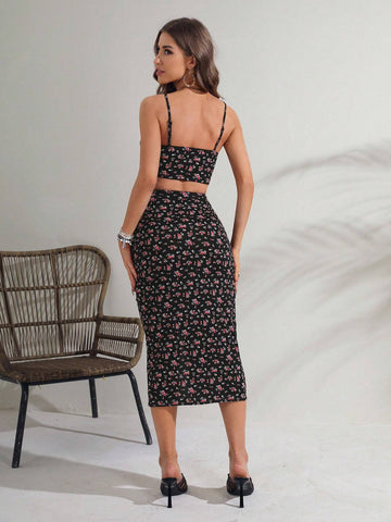 Ditsy Floral Print Cami Top & Drawstring Split Thigh Skirt