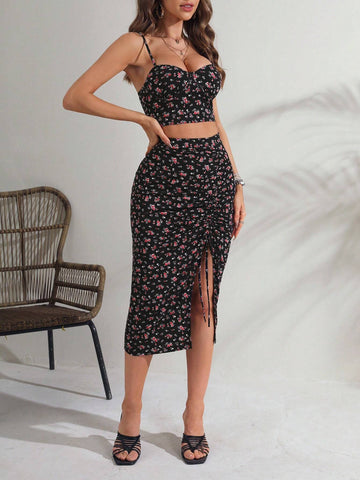 Ditsy Floral Print Cami Top & Drawstring Split Thigh Skirt