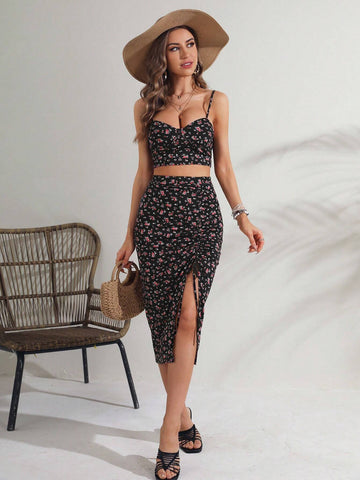 Ditsy Floral Print Cami Top & Drawstring Split Thigh Skirt