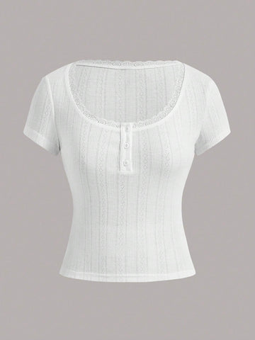 Lace Trim Button Front Tee