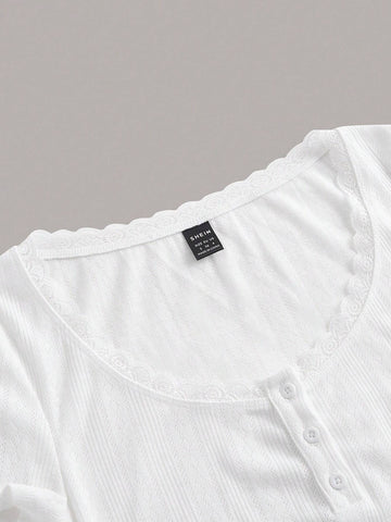 Lace Trim Button Front Tee