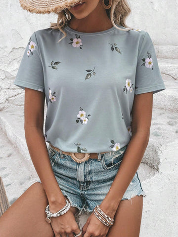 EMERY ROSE Floral Print Round Neck Tee