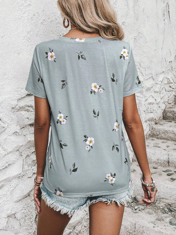 EMERY ROSE Floral Print Round Neck Tee