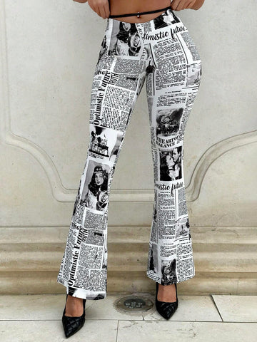 Newspaper Print Flare Leg Pants