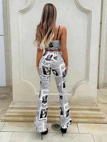 Newspaper Print Flare Leg Pants