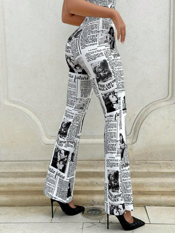Newspaper Print Flare Leg Pants