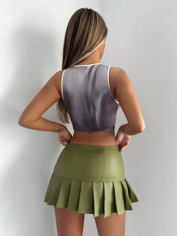 ICON Studded Detail Pleated Hem PU Leather Skirt