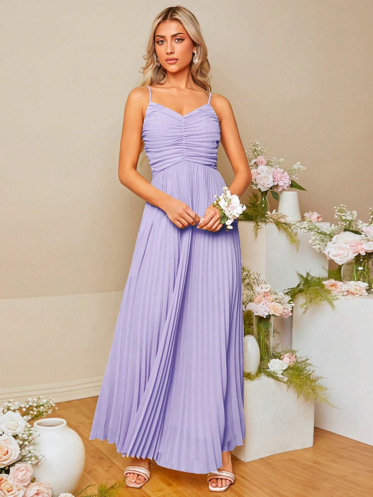 Ruched Front Pleated Hem Cami Bridesmaid Dress