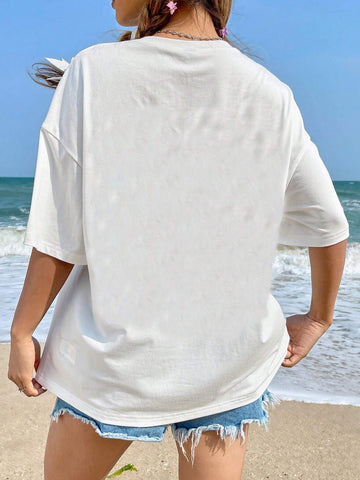 EZwear Tropical & Slogan Graphic Drop Shoulder Tee