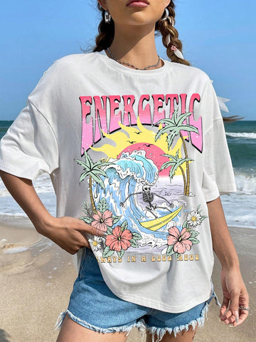 EZwear Tropical & Slogan Graphic Drop Shoulder Tee
