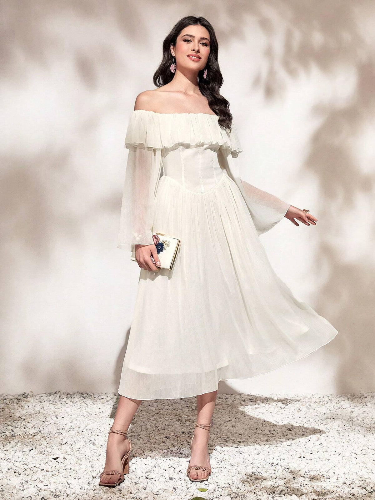 Off Shoulder Ruffle Trim Chiffon Dress