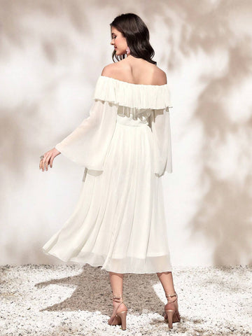 Off Shoulder Ruffle Trim Chiffon Dress