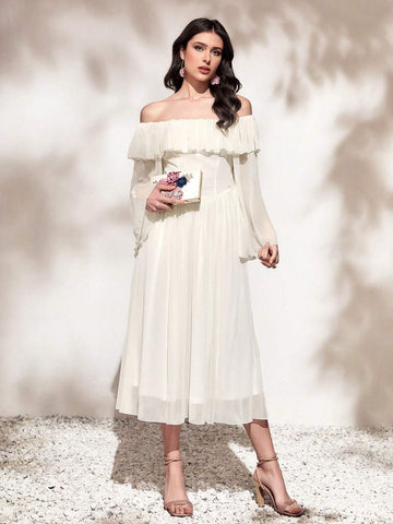 Off Shoulder Ruffle Trim Chiffon Dress