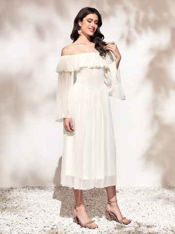 Off Shoulder Ruffle Trim Chiffon Dress