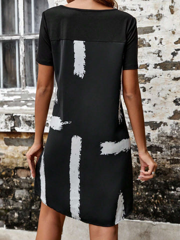 EMERY ROSE Brush Print Round Neck Dress