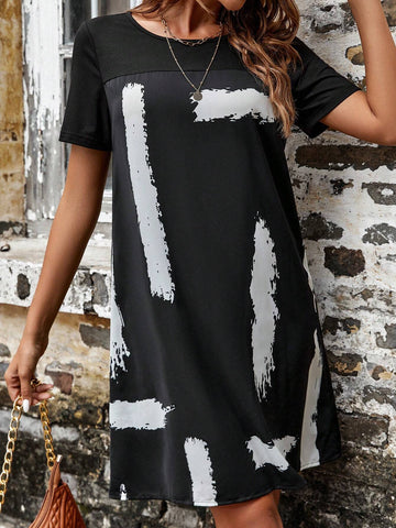 EMERY ROSE Brush Print Round Neck Dress