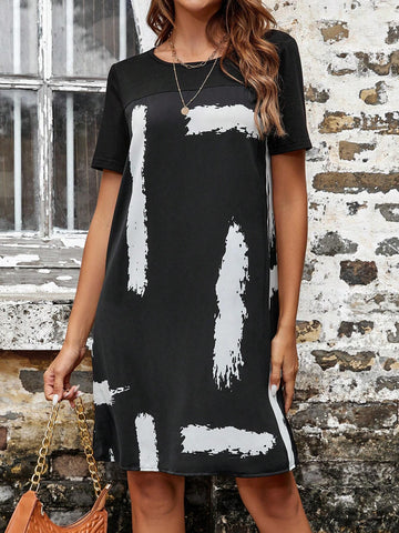 EMERY ROSE Brush Print Round Neck Dress