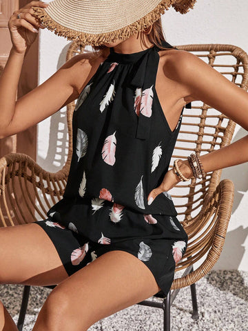 Feather Print Knot Side Halter Blouse & Shorts