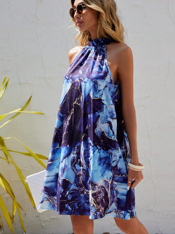 EMERY ROSE Marble Print Tie Back Halter Neck Dress