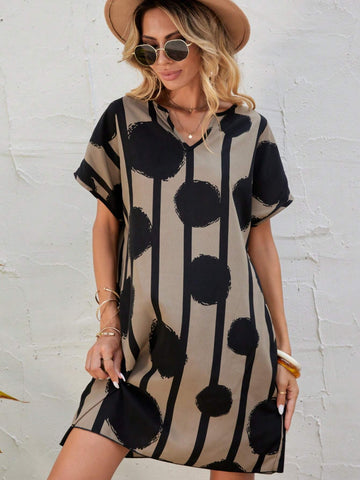 EMERY ROSE Polka Dot & Striped Print Batwing Sleeve Tunic Dress