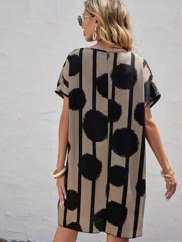 EMERY ROSE Polka Dot & Striped Print Batwing Sleeve Tunic Dress
