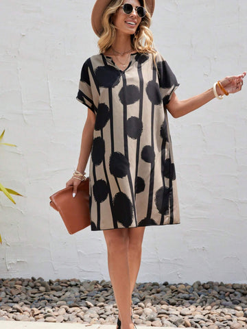 EMERY ROSE Polka Dot & Striped Print Batwing Sleeve Tunic Dress