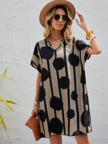 EMERY ROSE Polka Dot & Striped Print Batwing Sleeve Tunic Dress