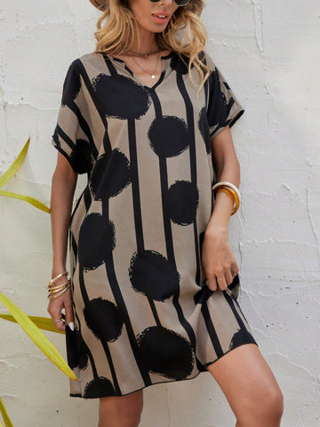 EMERY ROSE Polka Dot & Striped Print Batwing Sleeve Tunic Dress