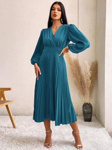 Surplice Neck Bishop Sleeve Pleated Hem Dress
