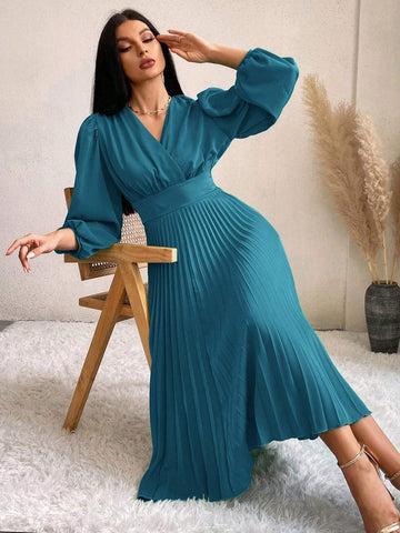 Surplice Neck Bishop Sleeve Pleated Hem Dress