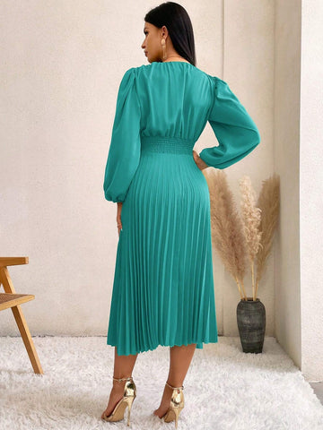 Surplice Neck Bishop Sleeve Pleated Hem Dress